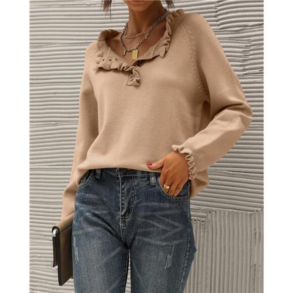 Women's Sweaters – Fall/Winter Long Sleeve, Button-Down, Ruffle Crew Neck - Picture 4 of 7